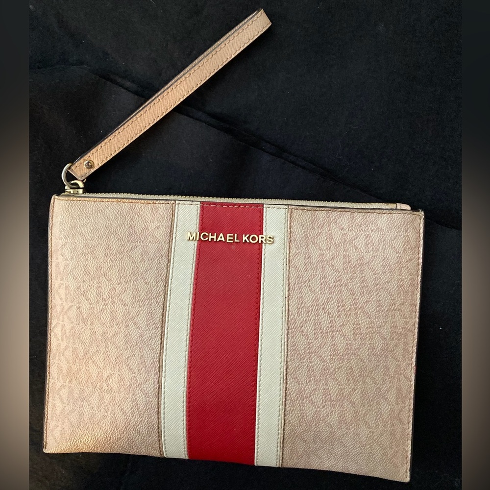 Michael Kors Tan and Red Clutch/ Wristlet